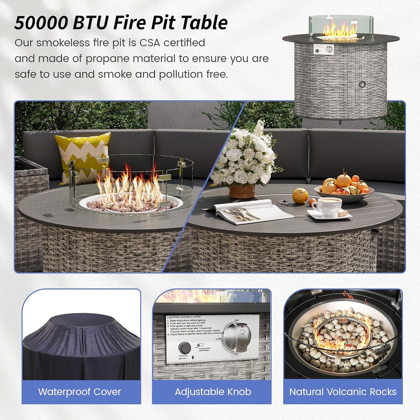 Patio Sectional Furniture Outdoor 8-Piece Grey Rattan Curved Sofa Set with Fire Pit Table,Storage Table,Pillows,Fit for Pool Backyard Balcony Porch Lawn (Grey)