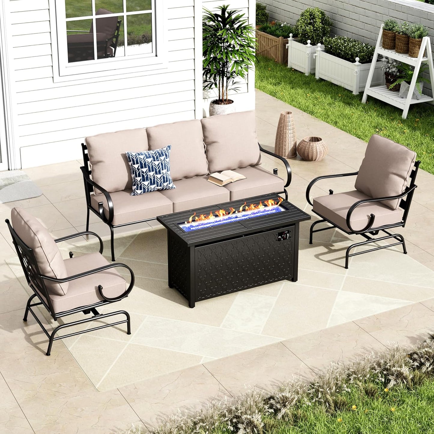MFSTUDIO 5 Seats Large Metal Patio Conversation Sets, 4 Pieces Outdoor Sectional Furniture Sofa with 2 x Motion Chairs, 1 x 3-seat Sofa and 1 x 45 inches Rectangular Propane Fire Pit Table