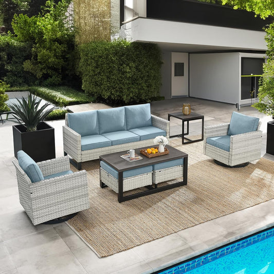 HUMMUH 7 Piece Patio Furniture Set Outdoor Sectional Sofa,High Back Patio Swivel Glider Chairs with Ottomans Coffee Table for Porch,Garden,Backyard…