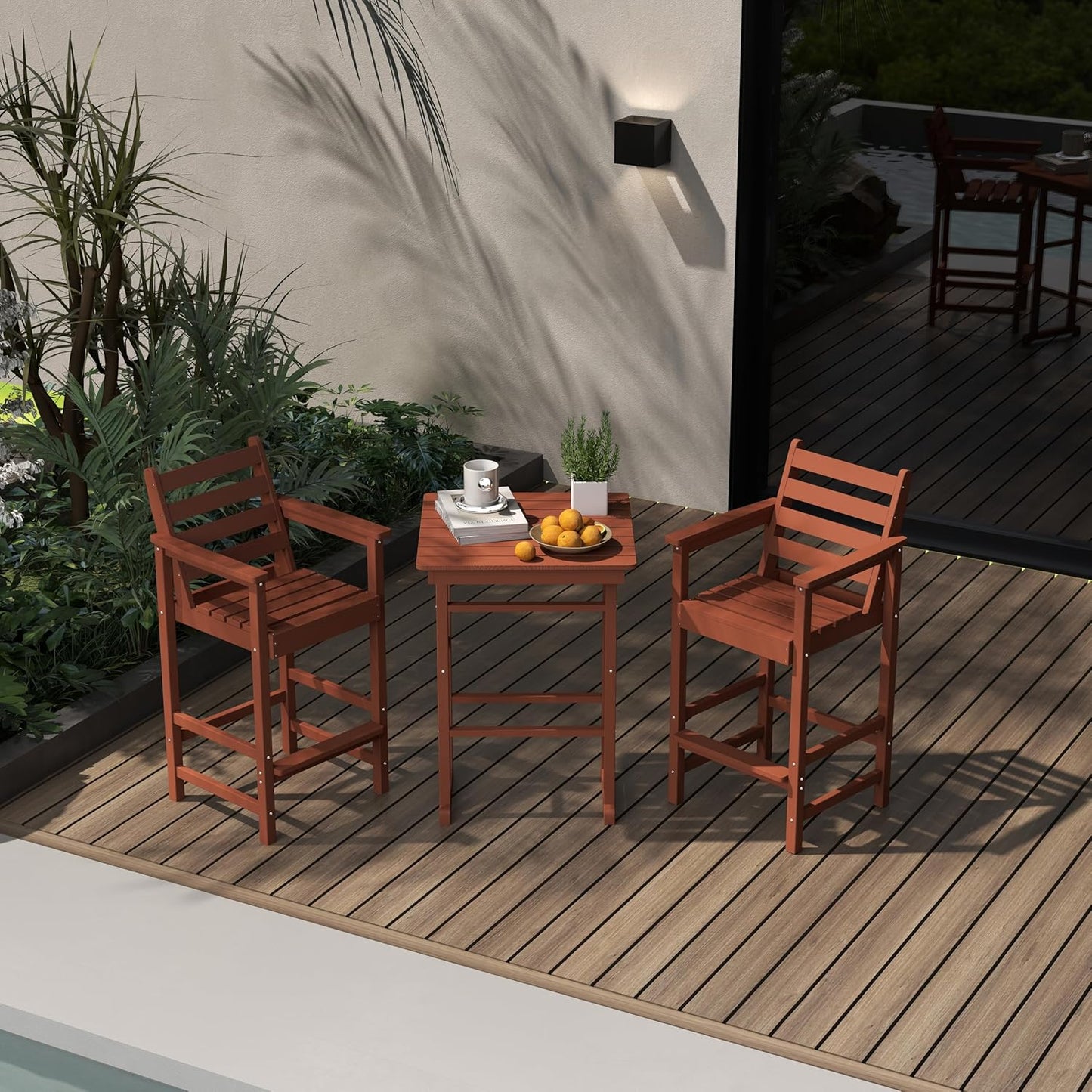 Outdoor Bar Set, 3-Piece HDPE Balcony Set with 2 Tall Adirondack Chairs and Bar Table, All-Weather Bar Height Stools for Patio, Backyard, Poolside (Terracotta)