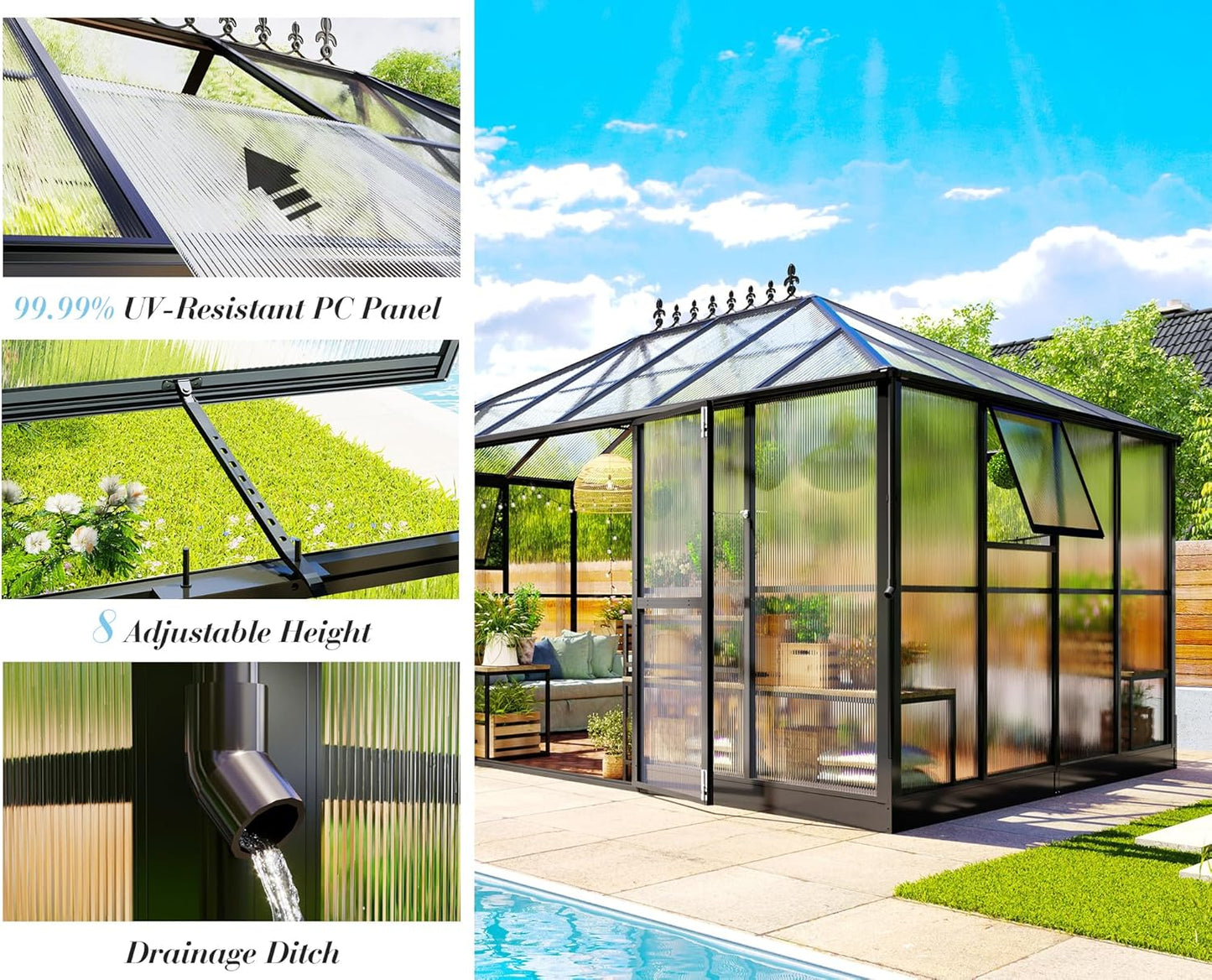 Jocisland 14x9.5x9 FT Polycarbonate Greenhouse- 6 FT Wall Height Outdoor Aluminum Greenhouses with 2 Ventilation and Rain Gutter, Double Doors with Hook, Walk-in Greenhouse for Backyard Garden