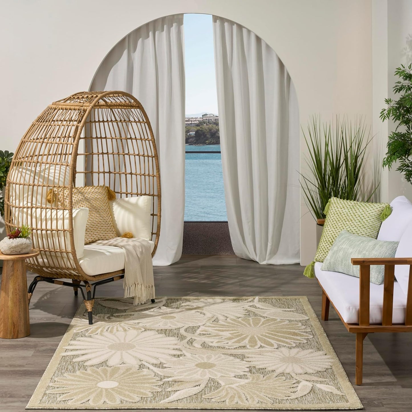 Nourison Aloha Ivory Sage 5'3" x 7'5" Area Rug - Easy Clean, Non Shedding, Bed Room, Living Room, Dining Room, Kitchen (5' x 8')