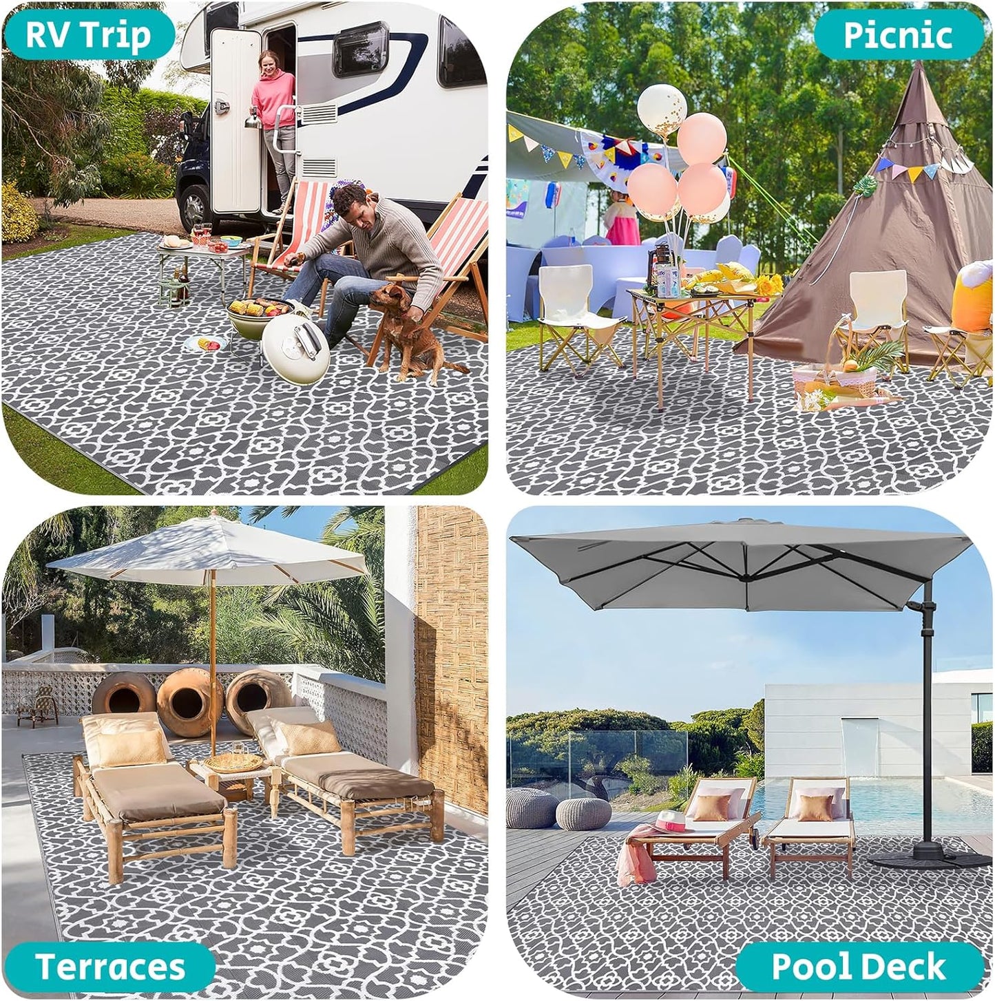 HEBE Outdoor Rug Waterproof 9x18, Plastic Straw Rug Camping Rug, Reversible Outdoor Patio Rugs RV Mat Clearance, Indoor Outside Floor Carpet for Porch,Deck,Camper,Balcony,Backyard