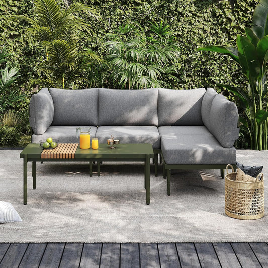 Sundale Outdoor 5 Pieces Metal Patio Furniture Set, Outdoor Sectional Sofa w/6 Inch Olefin Cushion and Coffee Table, Modern Outdoor Conversation Sets
