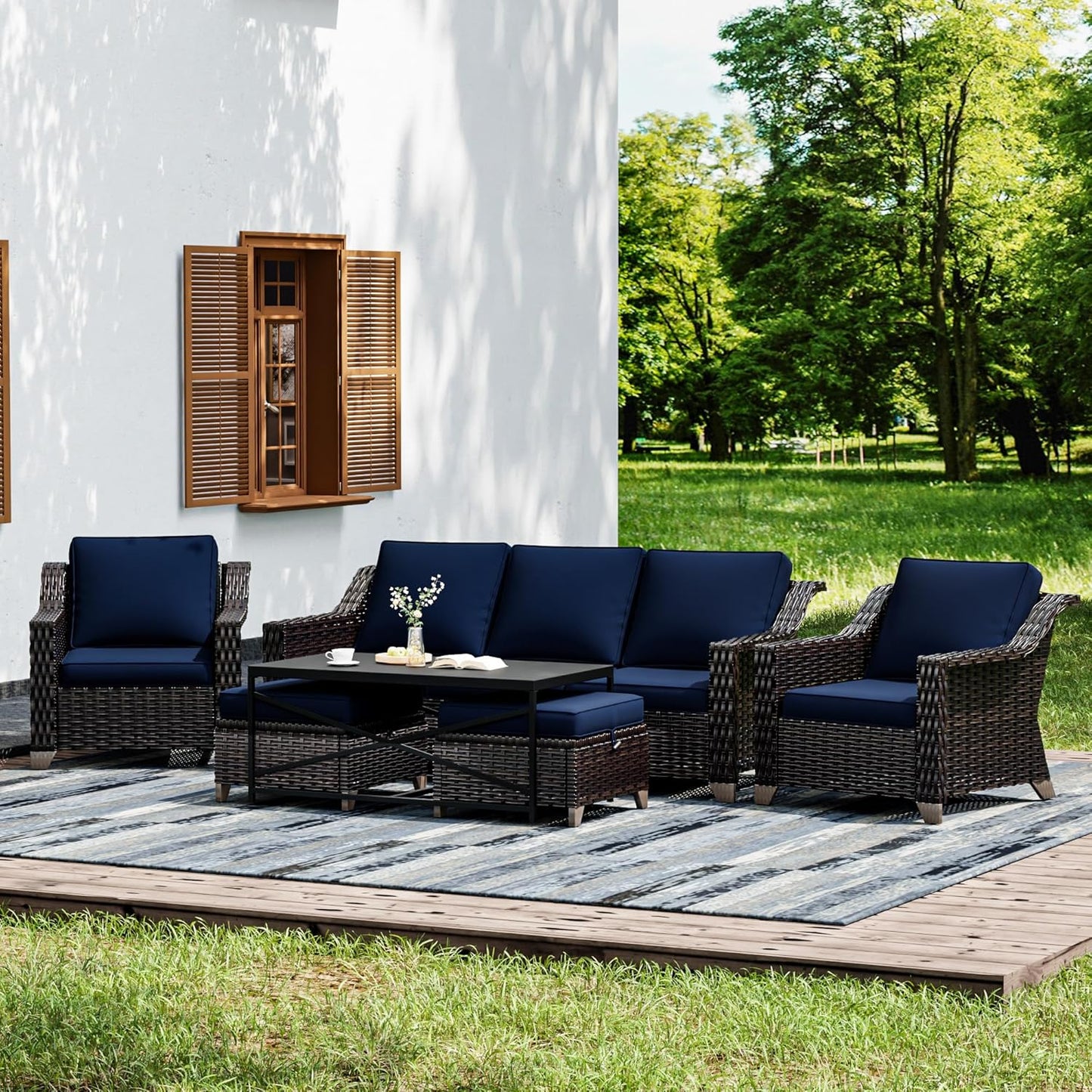 Joyside Wicker Patio Furniture Sets, 6 Pieces Upgraded Large Size Outdoor Furniture with Patio Dining Chairs, 3-Seat Sofa and Outdoor Ottoman, Thick Cushions, Wide Armrest