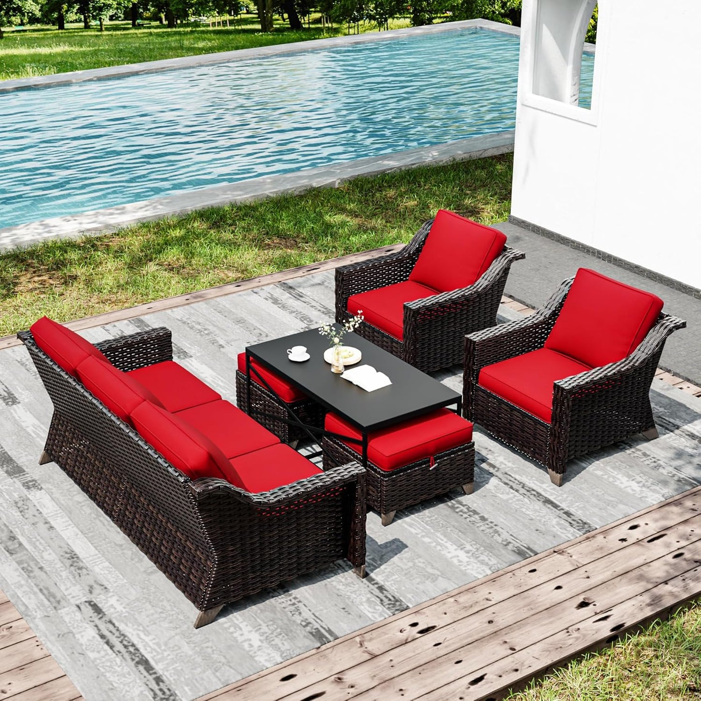 Joyside Wicker Patio Furniture Sets, 6 Pieces Upgraded Large Size Outdoor Furniture with Patio Dining Chairs, 3-Seat Sofa and Outdoor Ottoman, Thick Cushions, Wide Armrest
