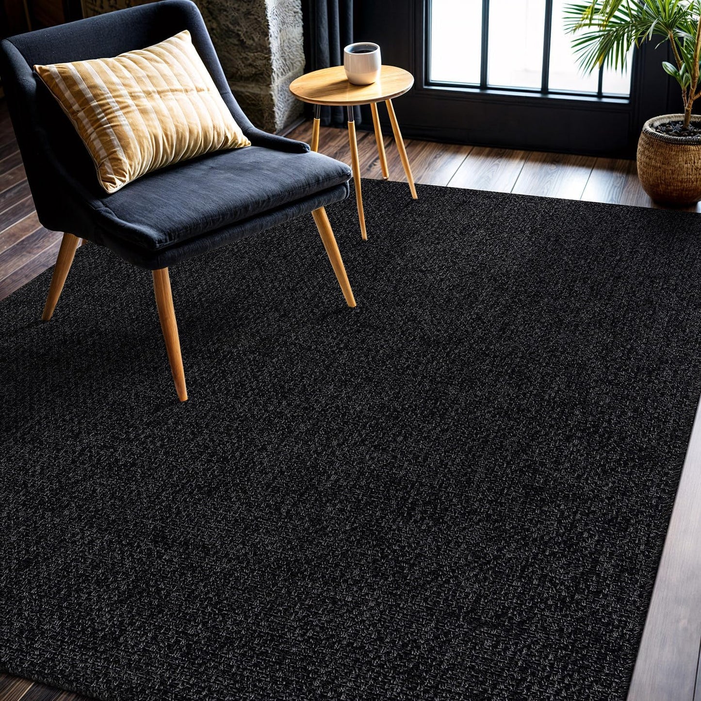 CAMILSON Easy Jute Rug 5x7, Indoor Outdoor Dark Gray Black Farmhouse Area Rugs for Living Room Patio and Kitchen Rug, Solid Boho Woven Design, Easy-Cleaning, Washable Outside Carpet Alfombras (5 x 7)