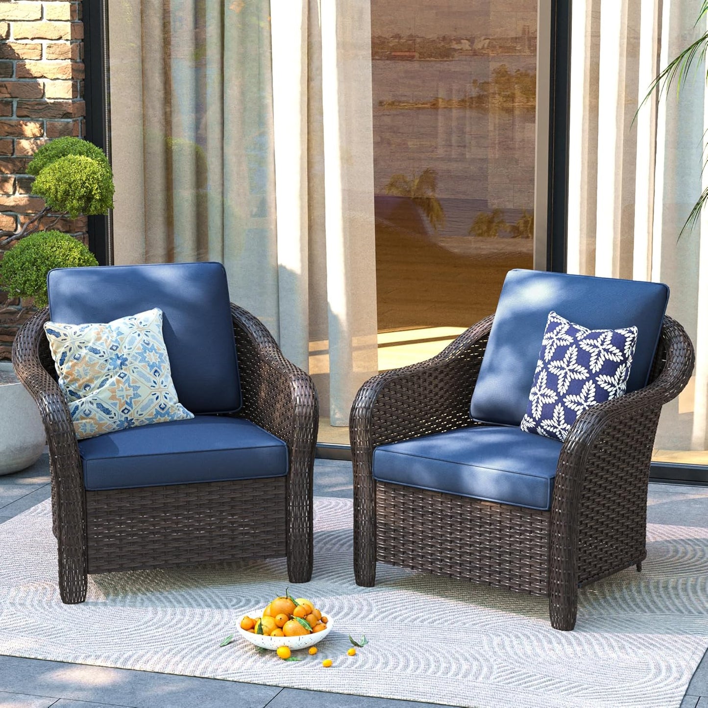 Patio PE Rattan Chairs Set of 2, All-Weather & Steel Frame Outdoor Conversation Furniture Set with Washable Cushions for Garden, Bistro, Deck, Yard (Navy Blue)