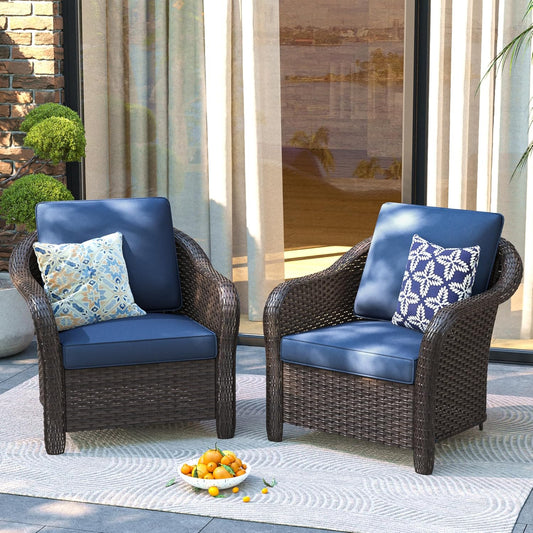 Patio PE Rattan Chairs Set of 2, All-Weather & Steel Frame Outdoor Conversation Furniture Set with Washable Cushions for Garden, Bistro, Deck, Yard (Navy Blue)