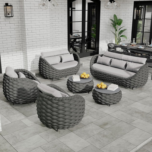 Patio Conversation Deck Furniture Set: 6-Piece Aluminum Woven Rope Outdoor Sofa Set - Modern Cushioned Couch Set - No Assembly Metal Porch Seating for Deck Yard Garden Lanai Pool Hotel Resort