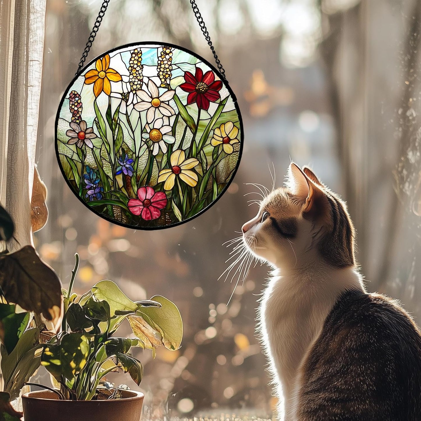 Stained Glass Window Hanging, Colorful Wildflowers Plant Scenery Suncatcher for Doors Window Home White Green Sun Catchers Decor Mother's Day Birthday Gifts for Women, Men Mom 11.8 in