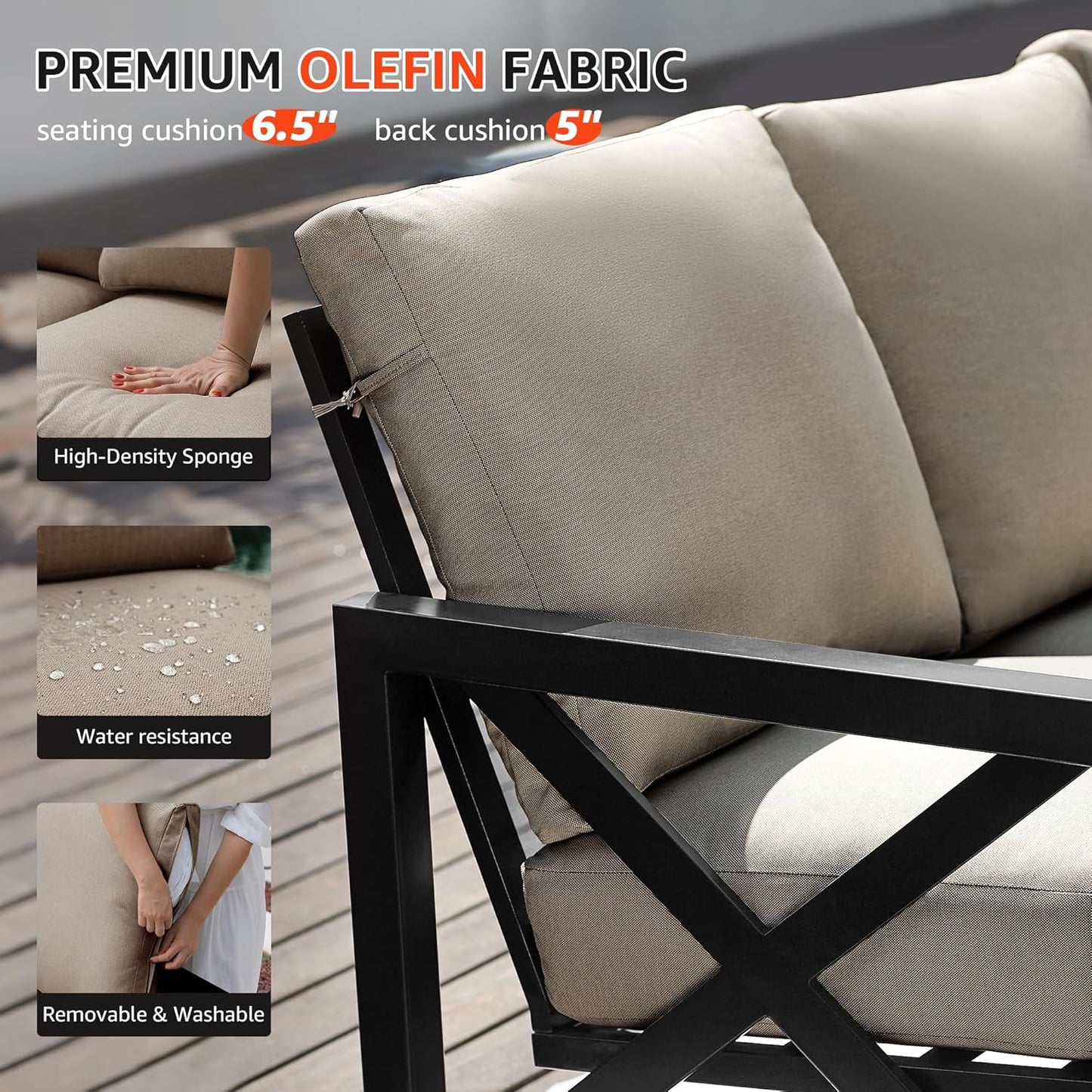 NATURAL EXPRESSIONS 6 Pieces Patio Furniture Sets,Outdoor Furniture Sets Metal Patio L Shape Sectional Couch Sofa Conversation Sets with 6.5" Shale Cushions,HighBack Hand-Brush Black Frame