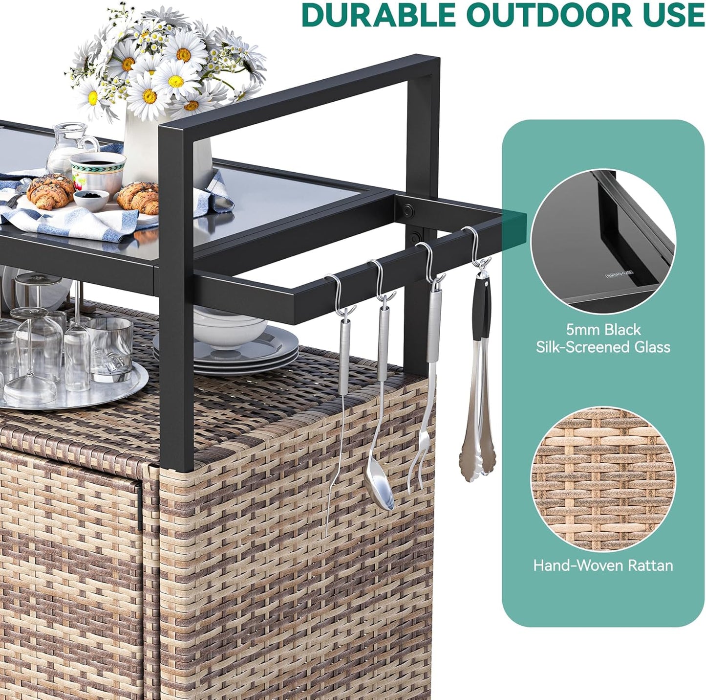 YITAHOME Large Outdoor Kitchen Wicker Island Rolling Cart & Patio Bar Table, w/Wheels and Black Glass Table Top Backyard and Poolside Light Brown