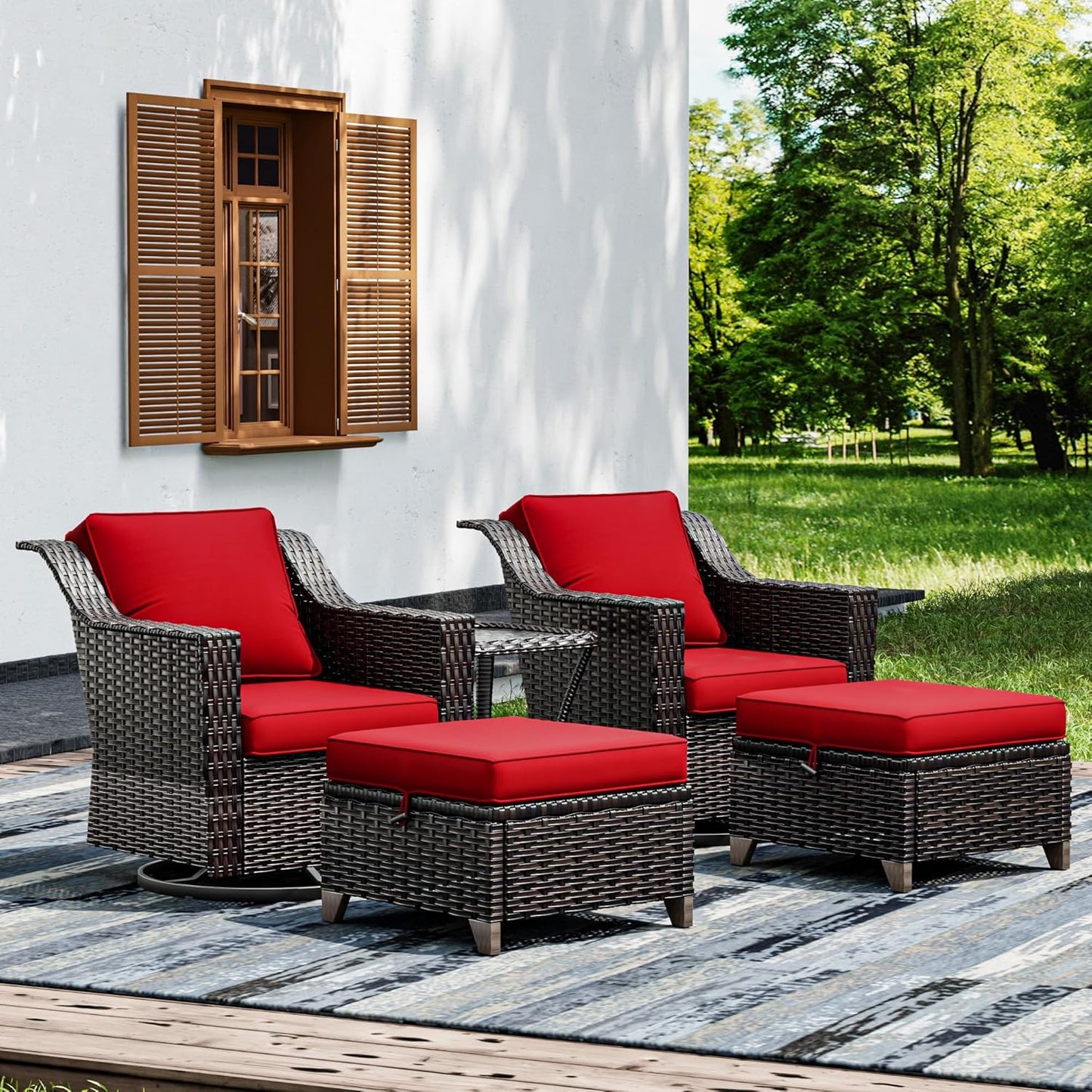 Joyside Wicker Patio Furniture Sets, 5 Pieces Upgraded Large Size Outdoor Furniture with Swivel Rocking Patio Chairs, Outdoor Ottoman and Side Table, Thick Cushions, Wide Armrest