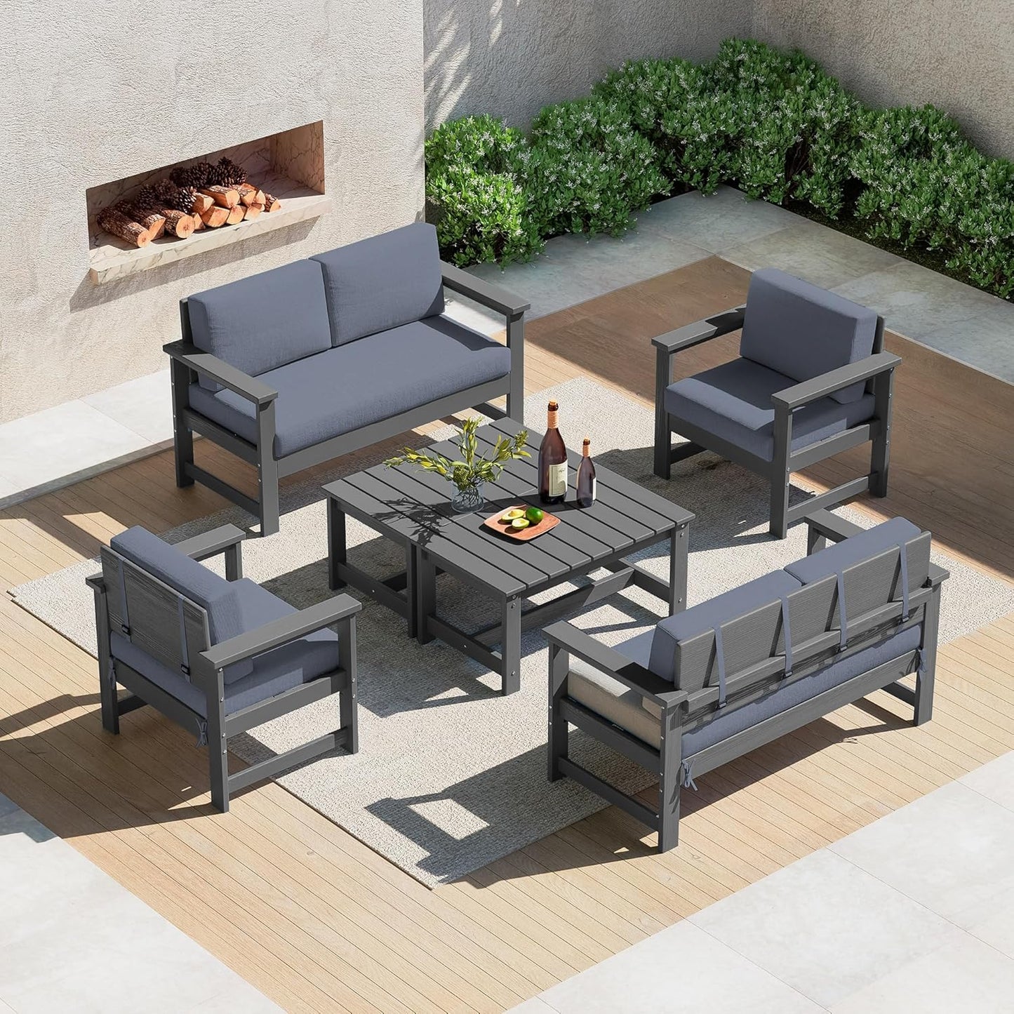 SERWALL 6 Pieces HDPE Outdoor Conversation Sofa Set with Cushions, All Weather Couch Loveseat Furniture with Coffee Table and Cushion, Outdoor Social Sofa Set, Grey Frame with Grey Cushions