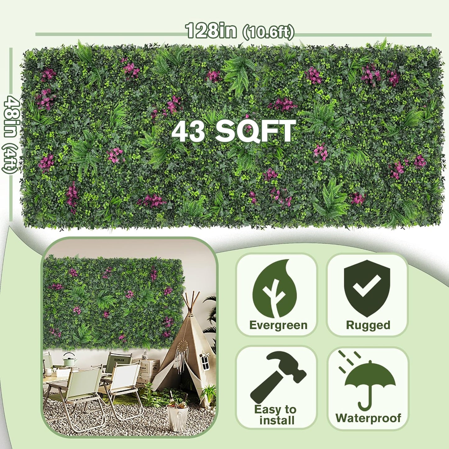 Greenery Grass Wall Boxwood Plant Roll: 48"x128"(43 SQFT) with UV Resistant Green Leaves Faux for Interior Wall, Greenery Backdrop,Garden and Indoor Outdoor Wall Panel Covering Privacy