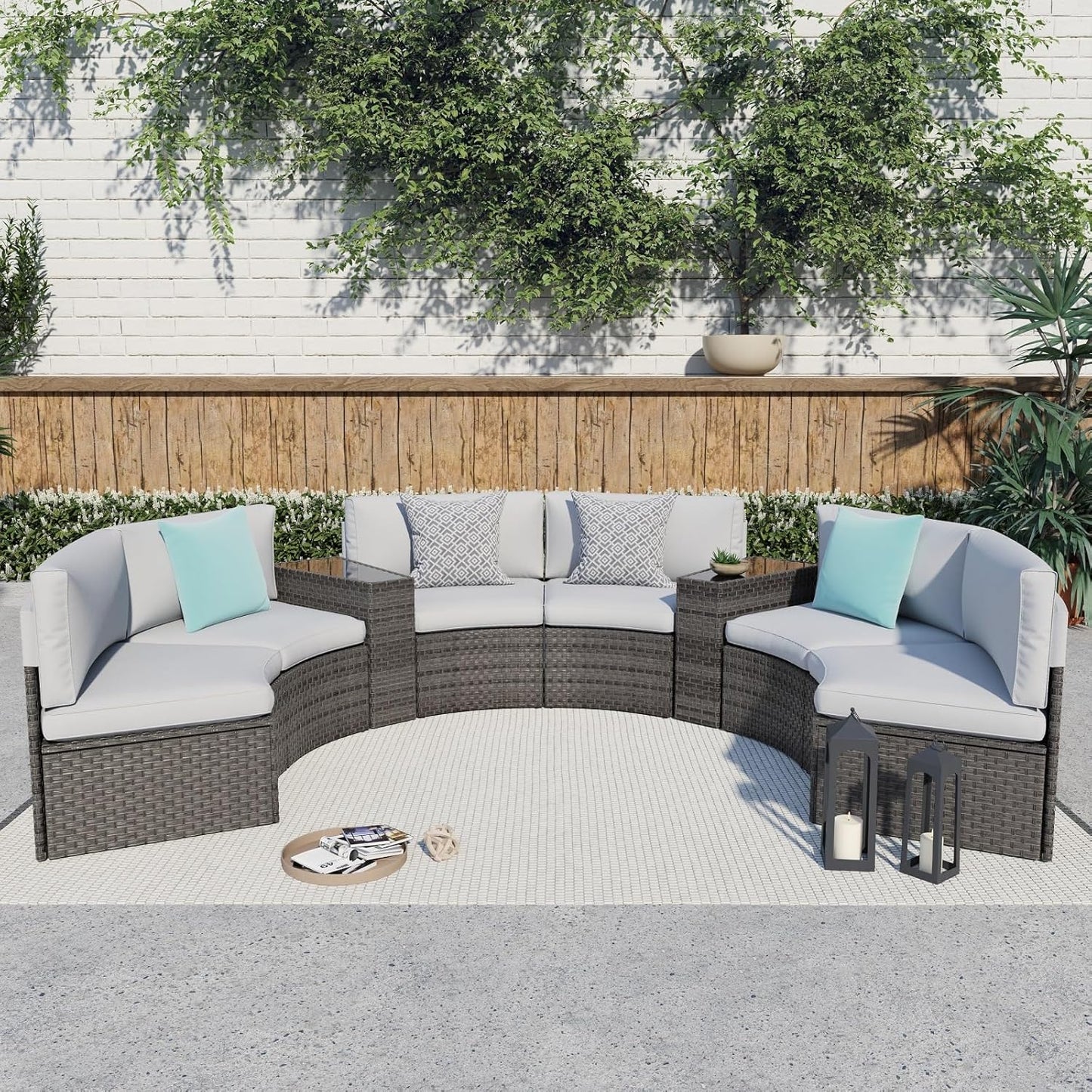 SUNSITT Outdoor Patio 8-Piece Half Moon Curved Furniture Sofa Set Grey Wicker Sectional Sofa Light Grey Cushions with 2 Side Table