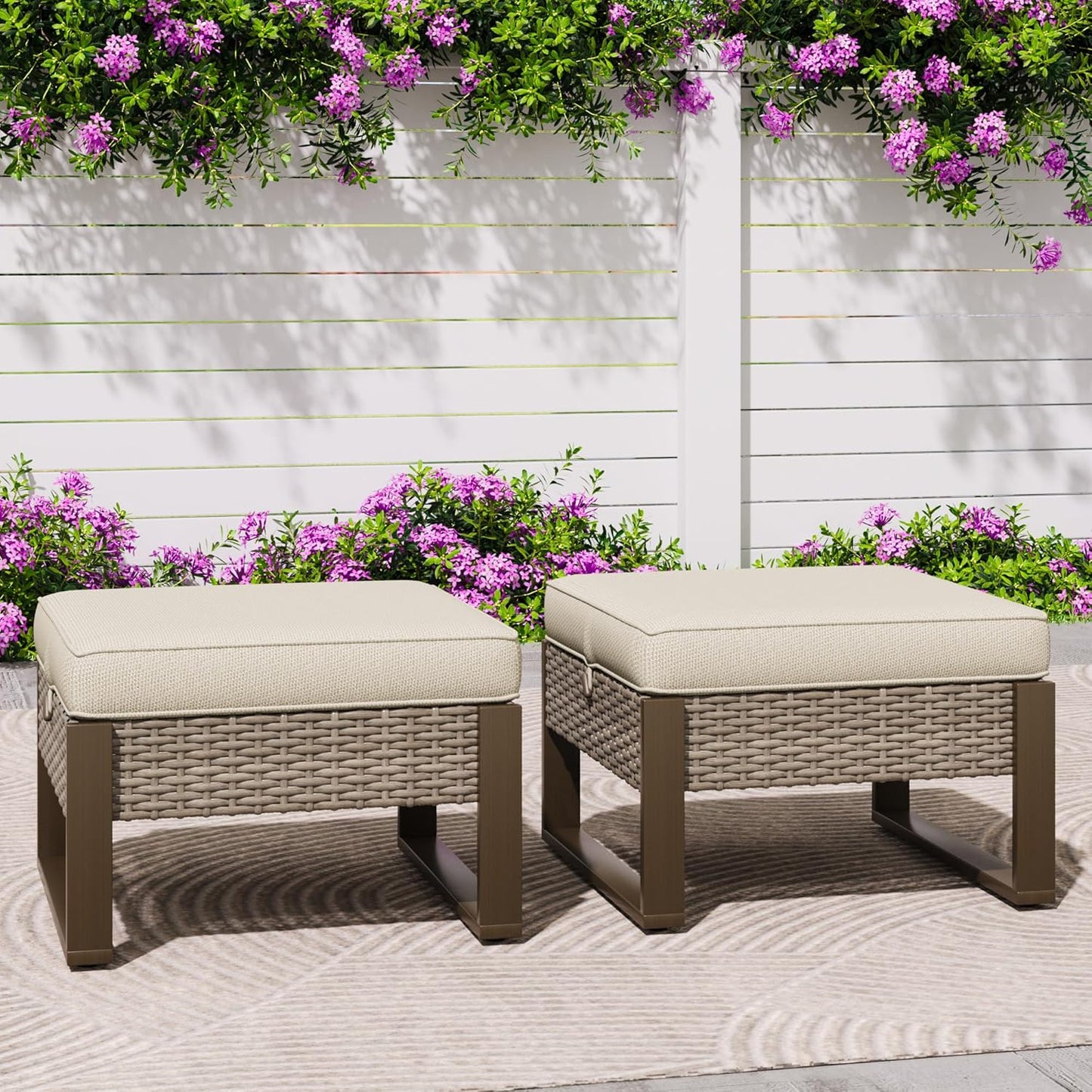 Patio Metal Wicker Ottoman Set of 2, Outdoor PE Rattan Footstools with Removable Cushions & Wood Looking Metal Steel Framed Legs for Garden Backyard Porch Deck, Beige
