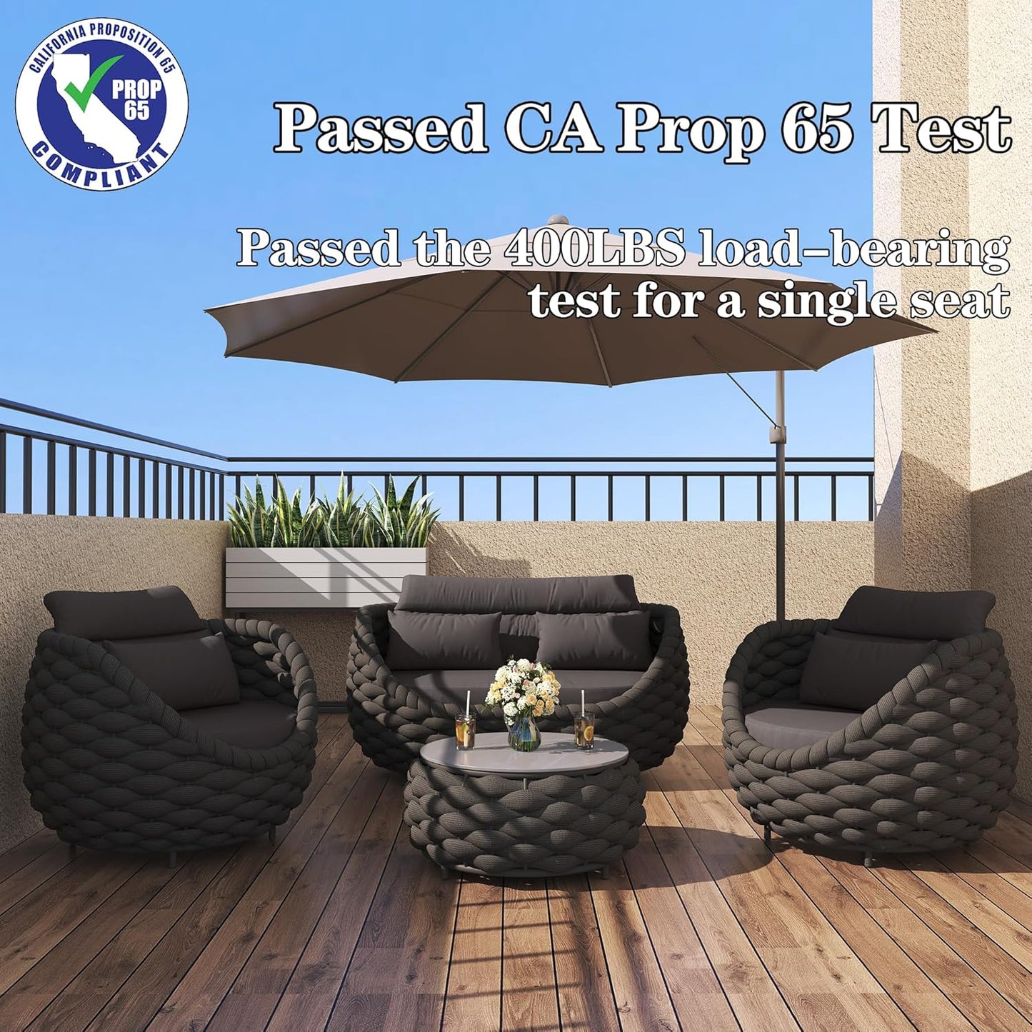 5 Pieces Patio Furniture Set, Outdoor Rope Conversation Sectional Patio Sofa with 5 Seater for Backyard, Porch, Modern Armchairs with Thickness Cushions and Side Table, Dark Grey