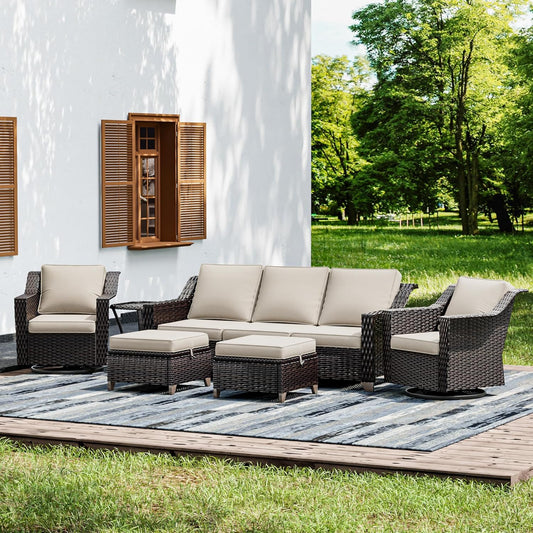 Joyside Wicker Patio Furniture Sets, 6 Pieces Upgraded Large Size Outdoor Furniture with Swivel Rocking Patio Chairs, Outdoor Ottoman, 3-Seat Sofa and Side Table, Thick Cushions, Wide Armrest