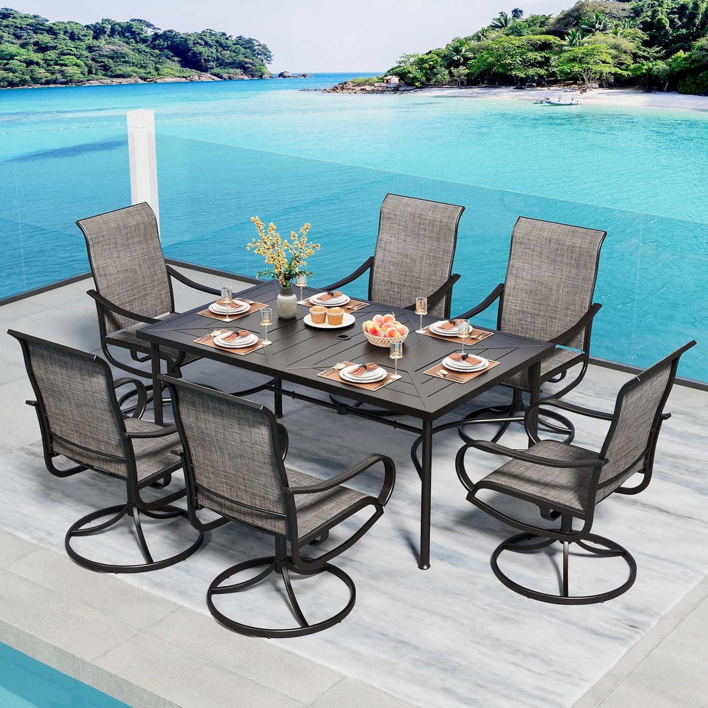 PHI VILLA Patio Dining Set for 6 Person, Outdoor Table and Chairs Furniture Dining Set with 6 Outdoor Swivel Dining Chairs and 1 Large Metal Table, Patio Set for Lawn Garden Deck