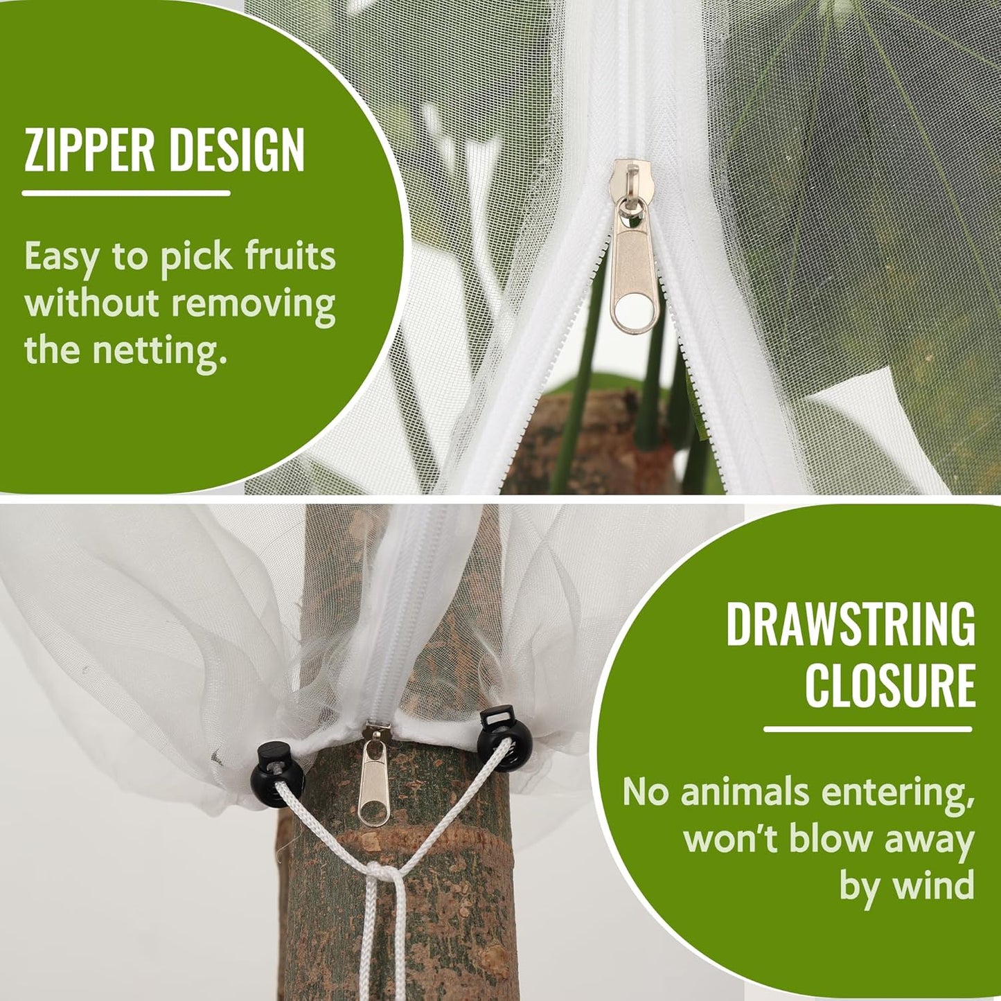 2 Pack Fruit Tree Netting Bags with Zipper and Drawstring, 4 x 5ft Ultra Fine Mesh Garden Netting Plant Cover, Bird Netting for Blueberry Bushes, Fruit Trees, Flowers (White, 4 x 5 ft)