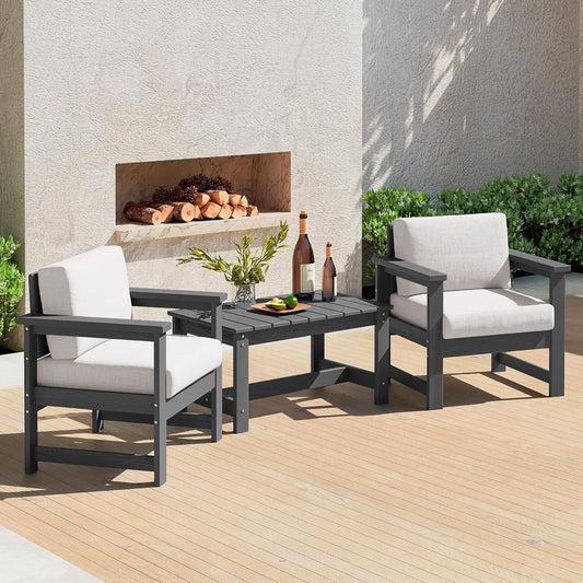 SERWALL 3 Pieces HDPE Outdoor Sofa Set with Cushions, All Weather Use Patio Couch Loveseat Furniture with Coffee Table for Balcony, Deck, Poolside, Grey Frame with Khaki Cushions