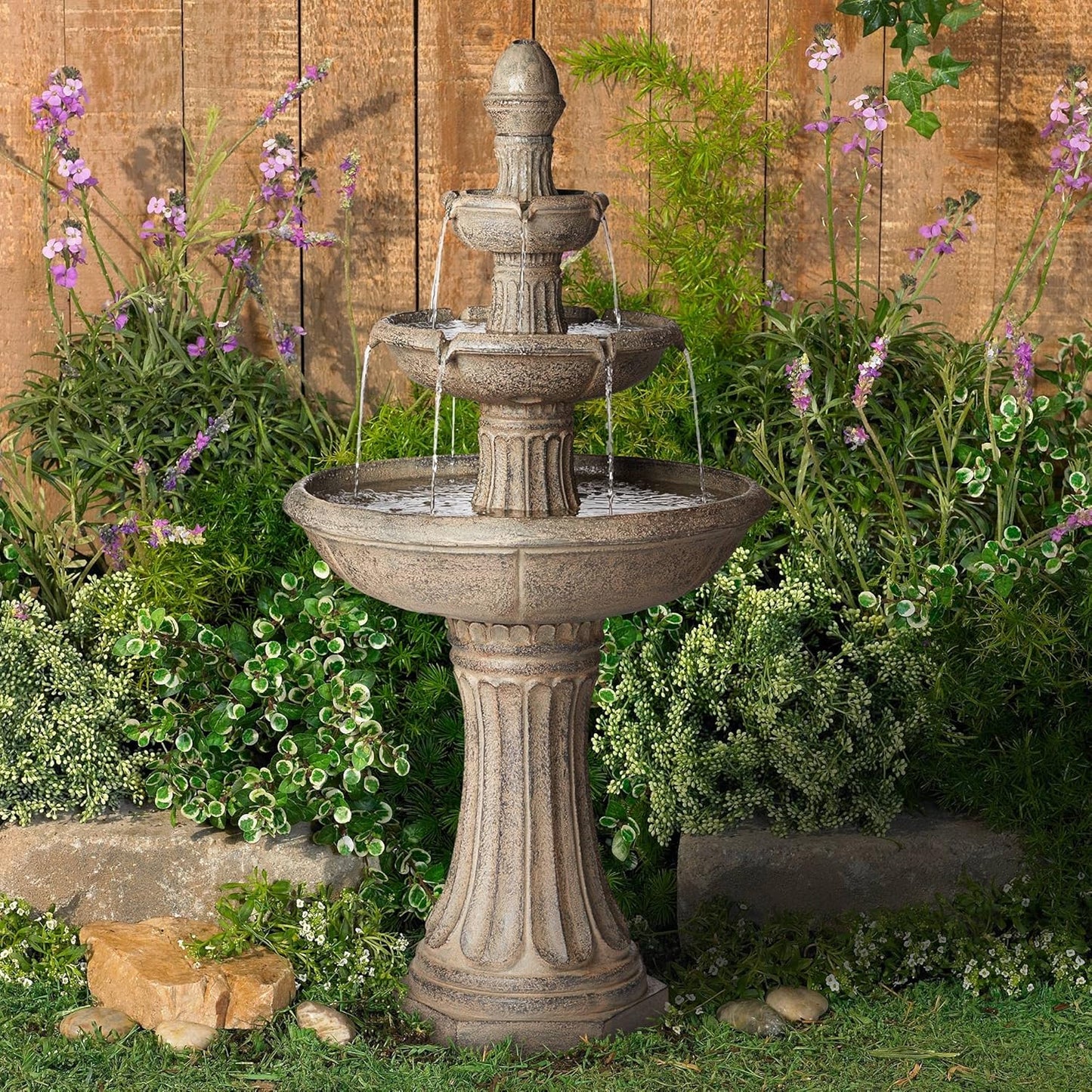 Farron 46" High Large Italian Outdoor Decor Gray Faux Stone Floor Fountain with Light LED Waterfall 3-Tier Standing Basin Water Feature for Outside Garden Patio Yard Backyard Porch - John Timberland