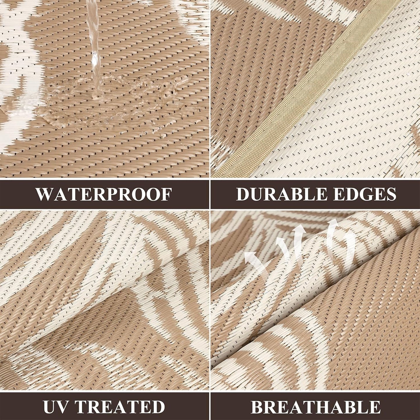 Pauwer Waterproof Outdoor Rug 10x14, Reversible Plastic Straw Patio Camping Rug, Indoor Outdoor RV Mat Carpet for Deck, Camper, Porch, Balcony, Backyard, Picnic, Leaf Brown