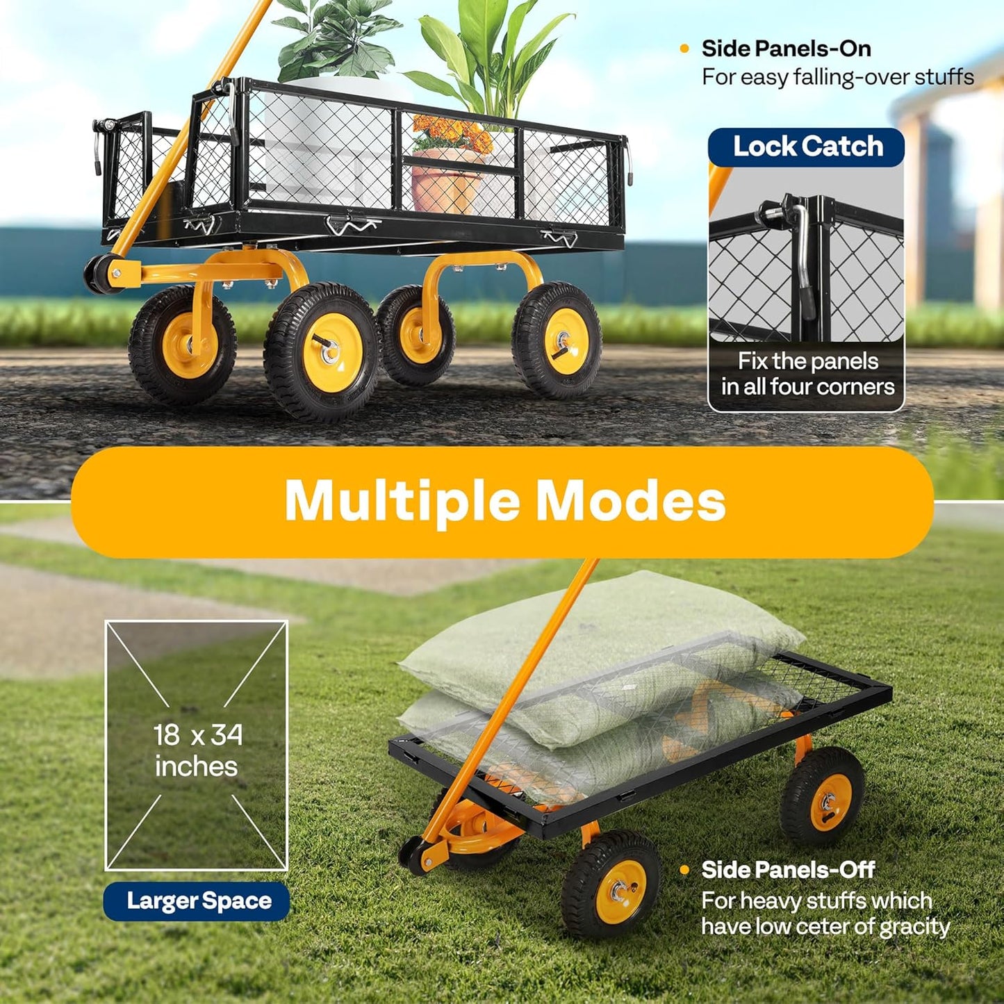 VIVOHOME Heavy Duty 550 Lbs Capacity Mesh Steel Garden Cart Folding Utility Wagon with Removable Sides (Black)