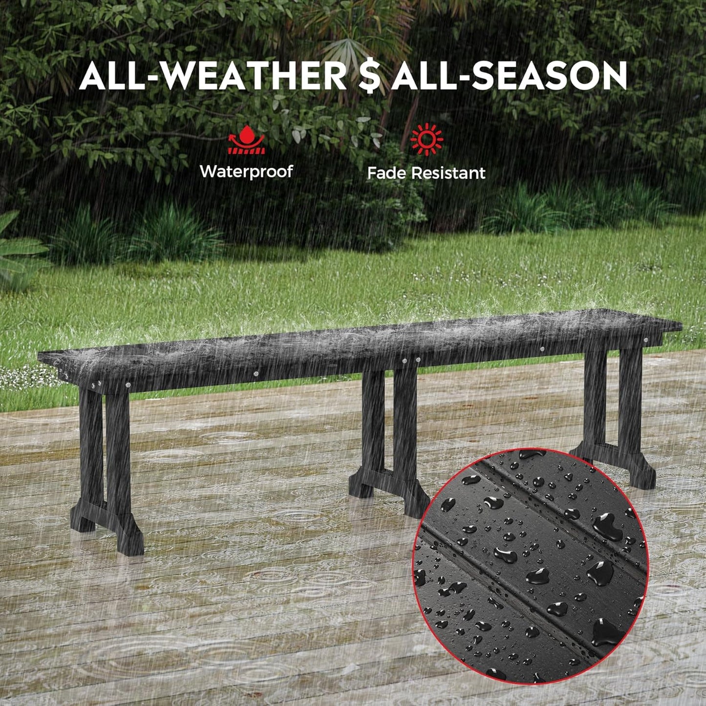 Outdoor Benches Weatherproof, Park Long Bench Poly Lumber Backless for Entryway Front Porch Garden Bench Seat for Patio, Black