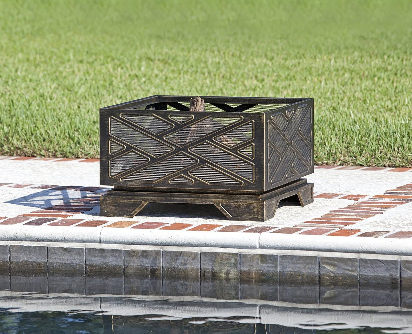 Fire Sense 62239 Fire Pit Catalano Wood Burning Lightweight Portable Outdoor Firepit Backyard Fireplace for Camping Bonfire Included Screen Lift Tool & Cooking Grate - Square - Antique Bronze Finish