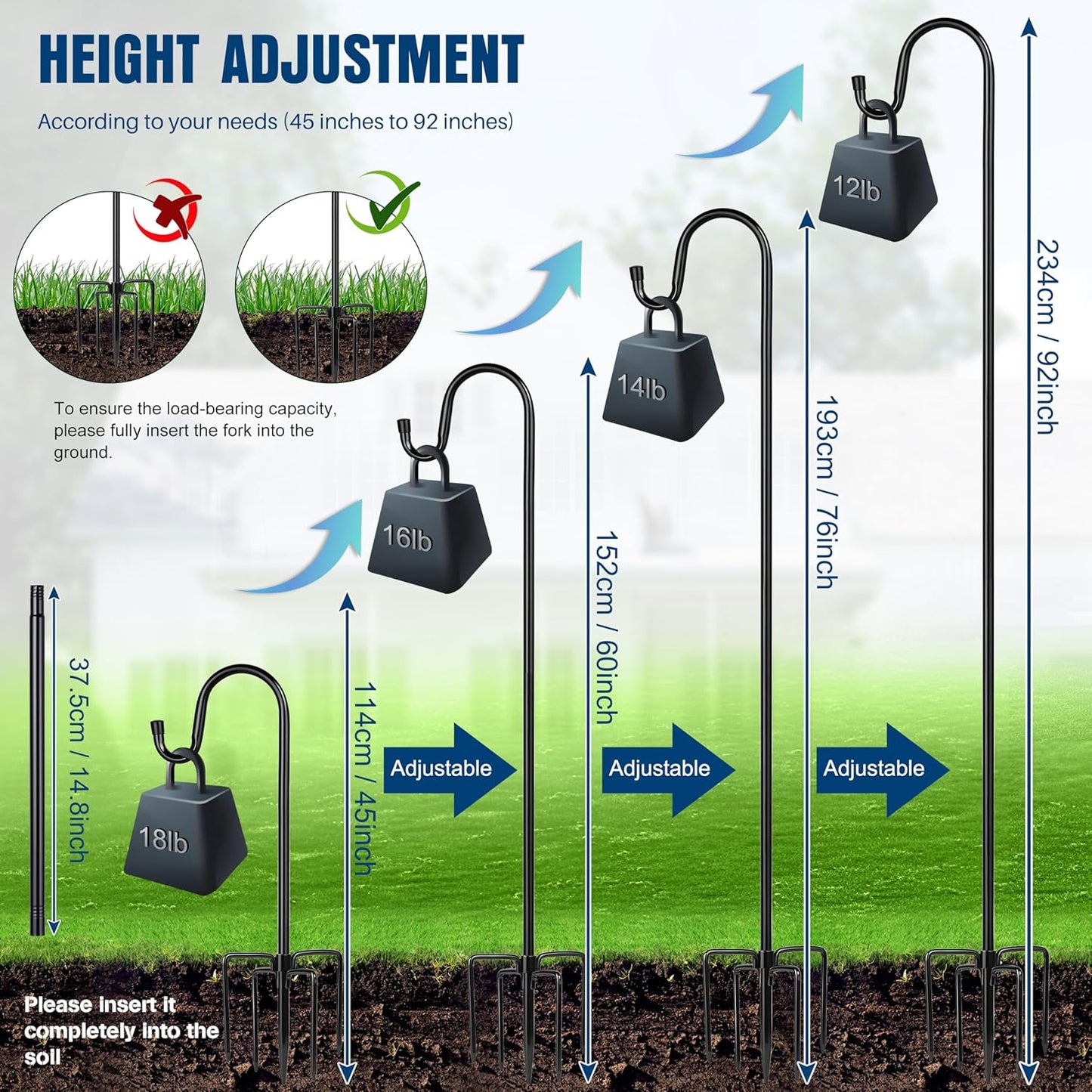 Ottsuls Shepherds Hooks with 5 Prongs Base for Outdoor - 92" Adjustable Bird Feeder Pole for Outside Hanging, Garden, Hummingbird Feeder, Plant Baskets, Solar Light Lanterns, Wedding Decor (1 Pack)