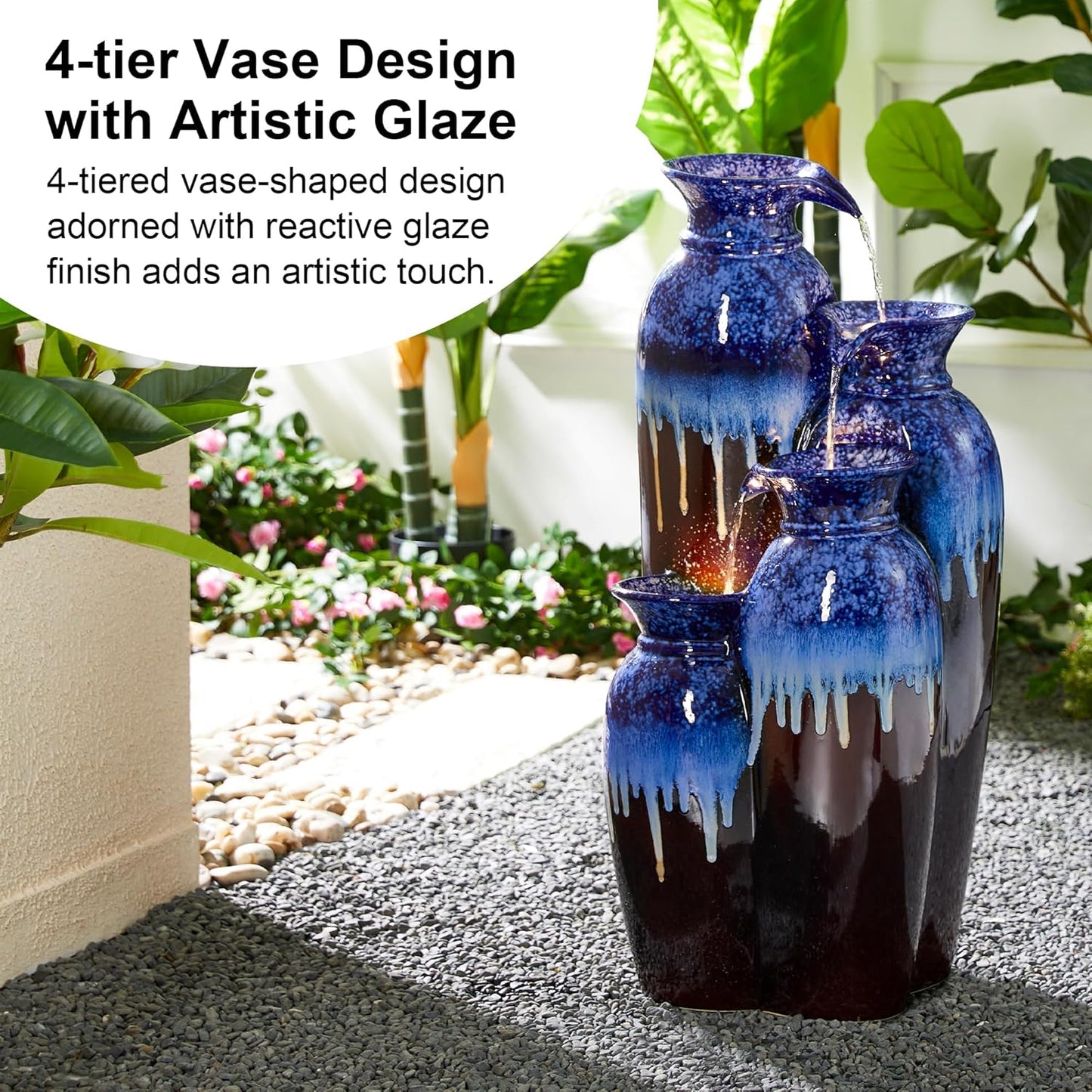 Glitzhome 30.75" H Vase Ceramic Outdoor Water Fountain with LED Lights and Pump, 4-Tier Cobalt Blue and Brown Reactive Glaze Cascading Pots Standing Fountain for Porch Deck Garden Patio Backyard
