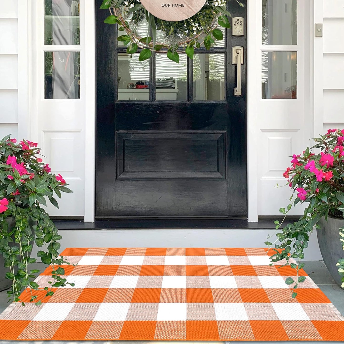 IOHOUZE Fall Buffalo Plaid Check Rug Outdoor Doormat 27.5 x 43 Inches Washable Woven Porch Decor Welcome Mats for Front Door/Farmhouse/Entryway/Home Entrance Orange and White Outdoor Rug