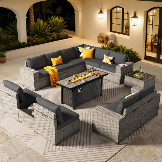 ovios 13 Pieces Patio Furniture Set, Outdoor Wicker Sectional Sofa with 54 Inch Fire Pit Table Comfy Cushions, Modern Modular Deep Seat Rattan Couch Conversation Set, Black