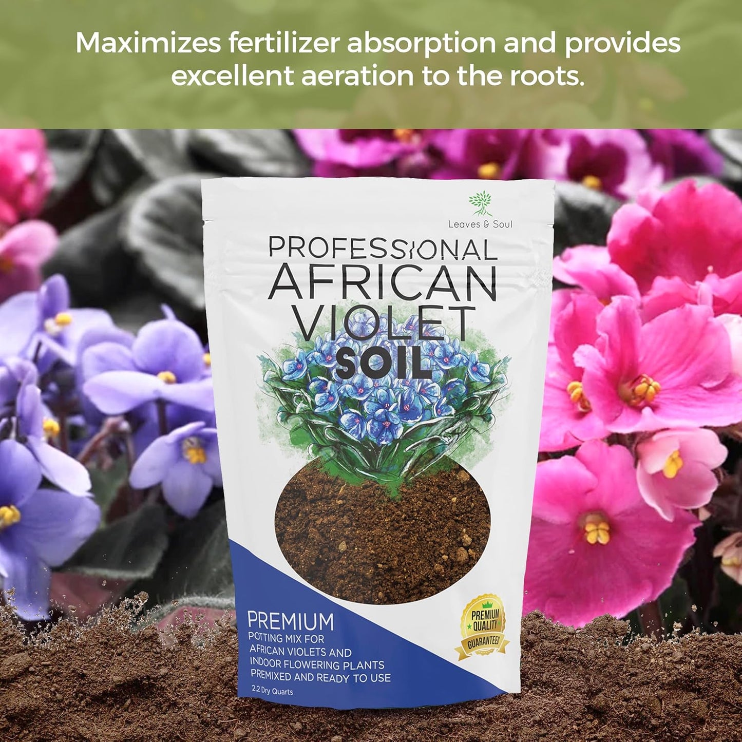 Professional African Violet Plant Soil | Premium All Purpose Blend | Large 2.2 Quarts | Ready to Use for Indoor Flowering Plants | Peat Moss, Coco Coir, Perlite, Dolomite | Made in USA