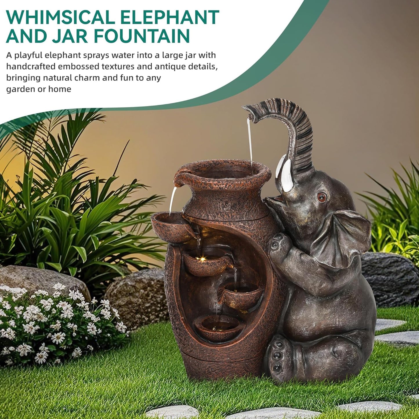 Elephant Outdoor Water Fountain with LED Lights and Pump, 18.9" Tall Resin Garden Waterfall Feature for Patio, Porch, Yard