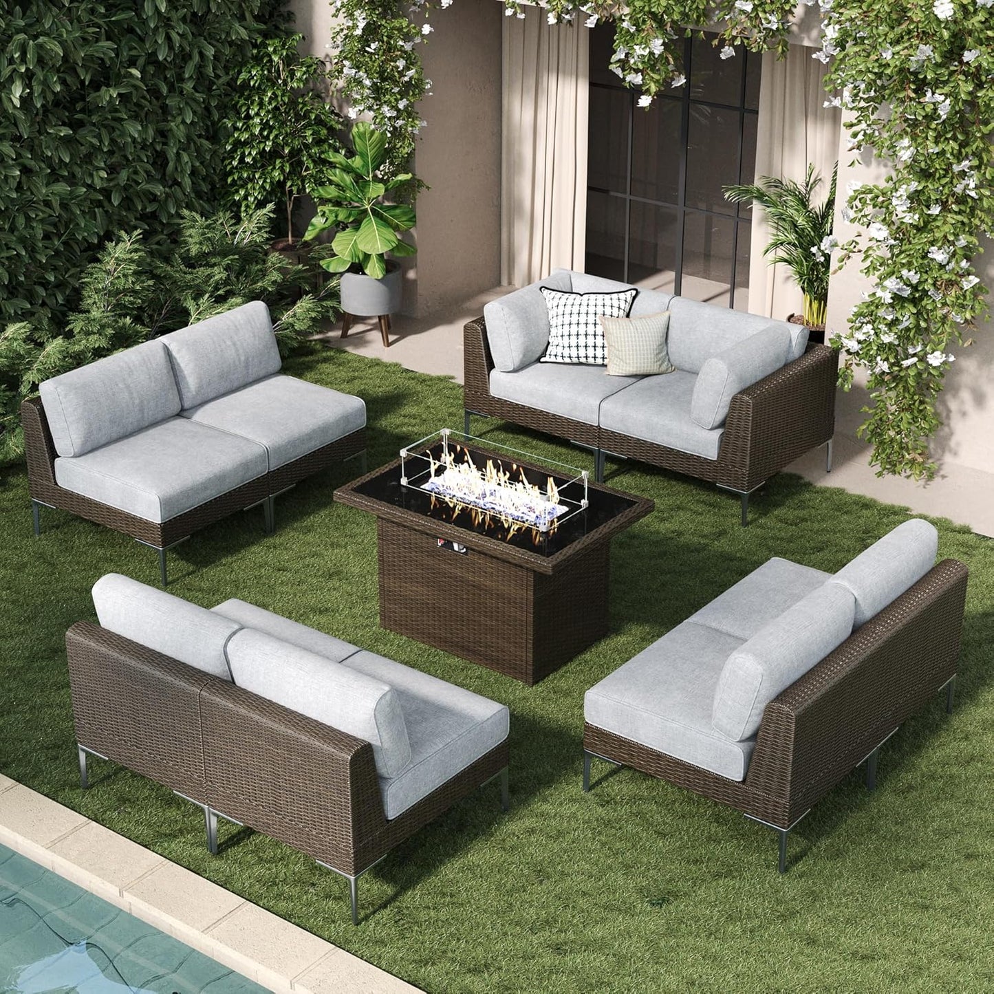 LayinSun 9-Piece Outdoor Modular Wicker Sectional Sofa with Fire Pit Table, Patio Furniture Conversation Set with Deep Seating and Thick Cushions