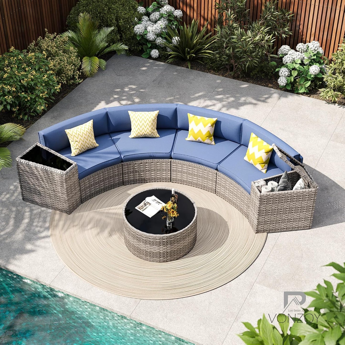 Patio Sectional Furniture Outdoor 7-Piece Grey Rattan Curved Sofa Set with Storage Table, Fit for Pool Backyard Balcony Porch Lawn (Navy)