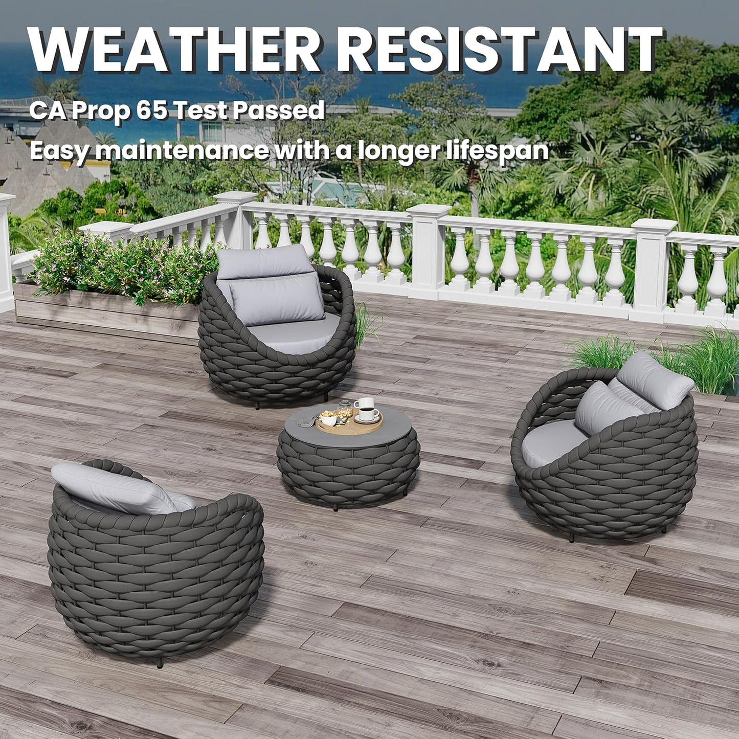 4 Pieces Courtyard Seating Set: Aluminum Woven Rope Patio Furniture Chair Set - All Weather Metal Outdoor Conversation Set - Assembled Armchair w/Table for Bistro Deck Porch Balcony Apartment