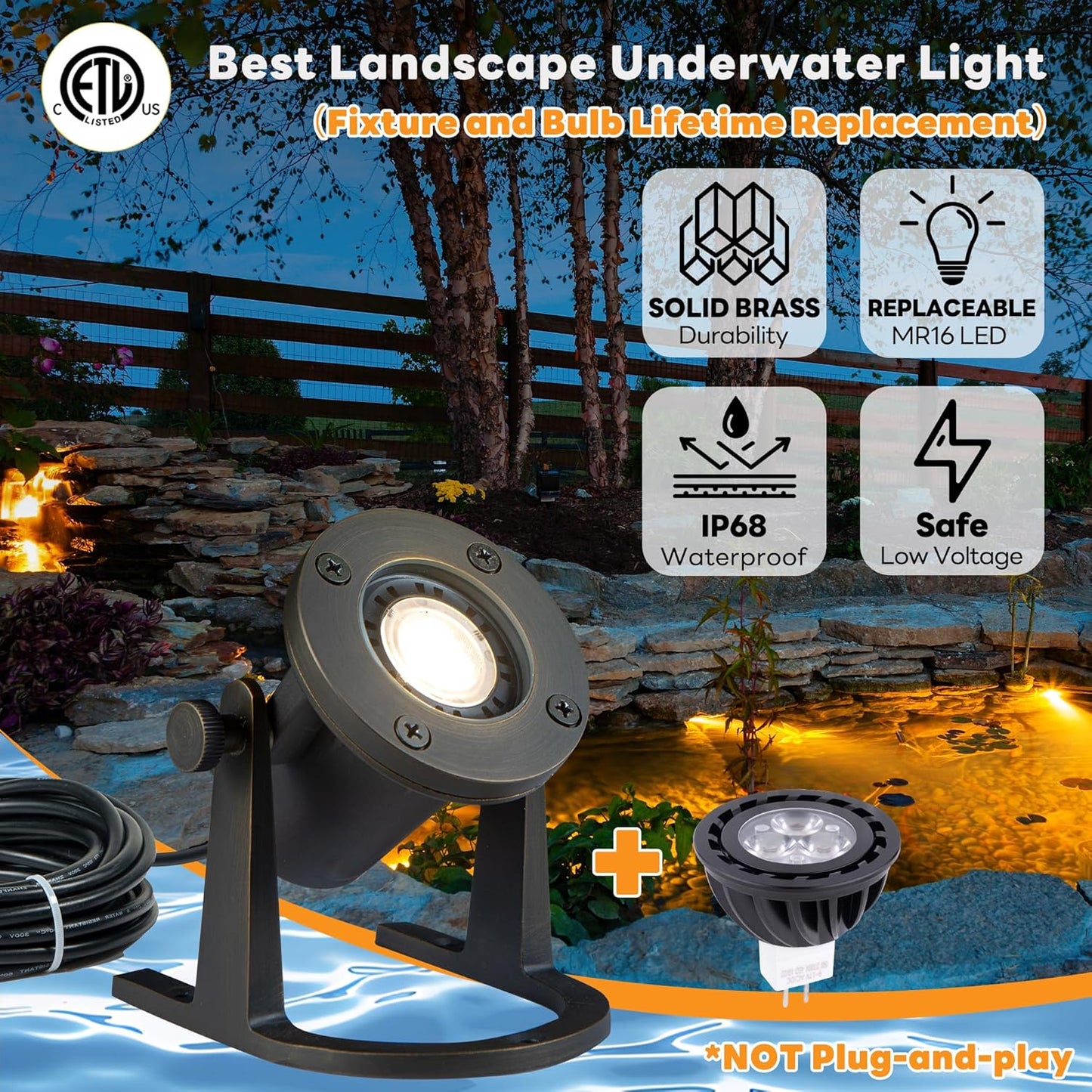 Bronze Pond Light - 12V Low Voltage Solid Brass Submersible Pondlight, IP68 Waterproof Fixture with 5000K MR16 LED Bulb for Outdoor Garden, Landscape, Waterfall, Fountain Lighting(8 Pack)