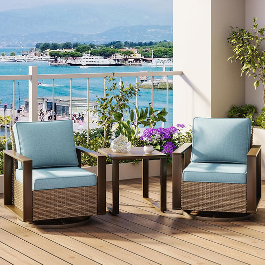 Outdoor Swivel Rocker Metal Chairs Set of 2 with Small Coffee Table - 3 Pieces Patio Bistro Set with Rectangular Framed Wood-Looking Metal Armrest, 360 Degree Glider Chairs, Baby Blue