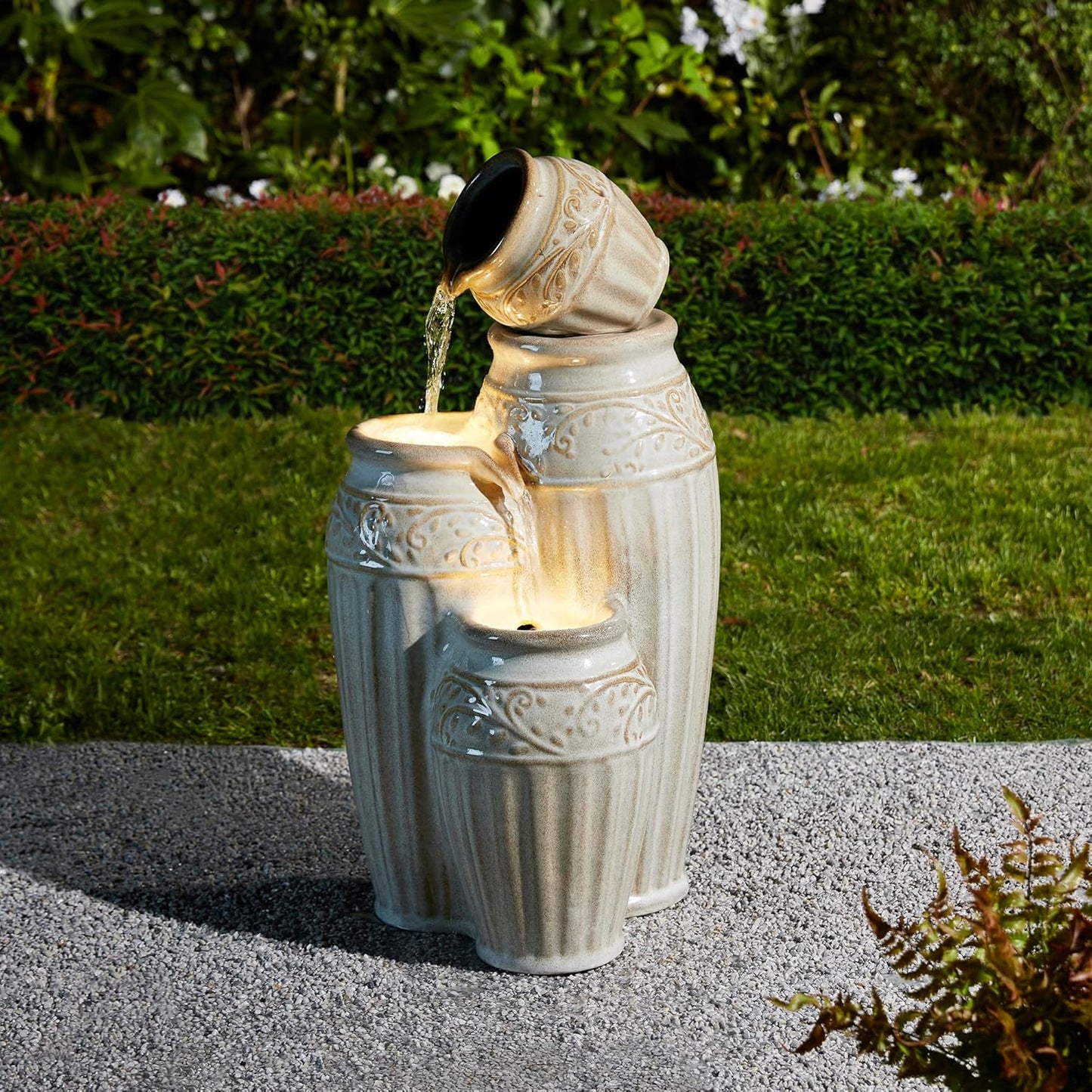 Glitzhome 27.25" H Outdoor Garden Water Fountain with LED Lights and Pump, 4 Tier Sand Beige Embossed Pattern Ceramic Pots Cascading Floor Standing Fountain for Porch Deck Patio Backyard Decoration