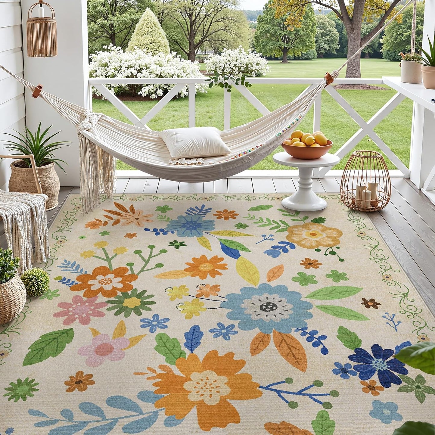 GENIMO Indoor Outdoor Area Rug 8' X 10' Waterproof, Washable Door Mat Non Shedding, Easy Cleaning Floral Outdoor Carpet for Patio, Entryway, Porch, Bathroom, Living Room, Bedroom, Backyard