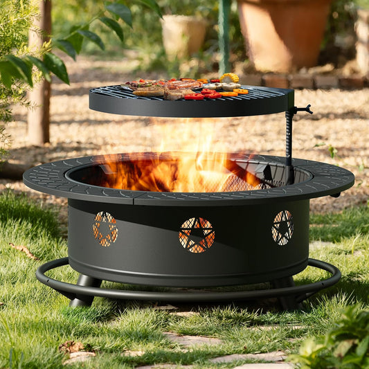 35 Inch Fire Pit with BBQ Grill, Wood Burning Fire Pits for Outside with Lid & Fire Poker, 3 in 1 Round Metal Fire Pit Table with Cooking Grate, Outdoor Firepit for Backyard, Patio, Bonfire, Picnic