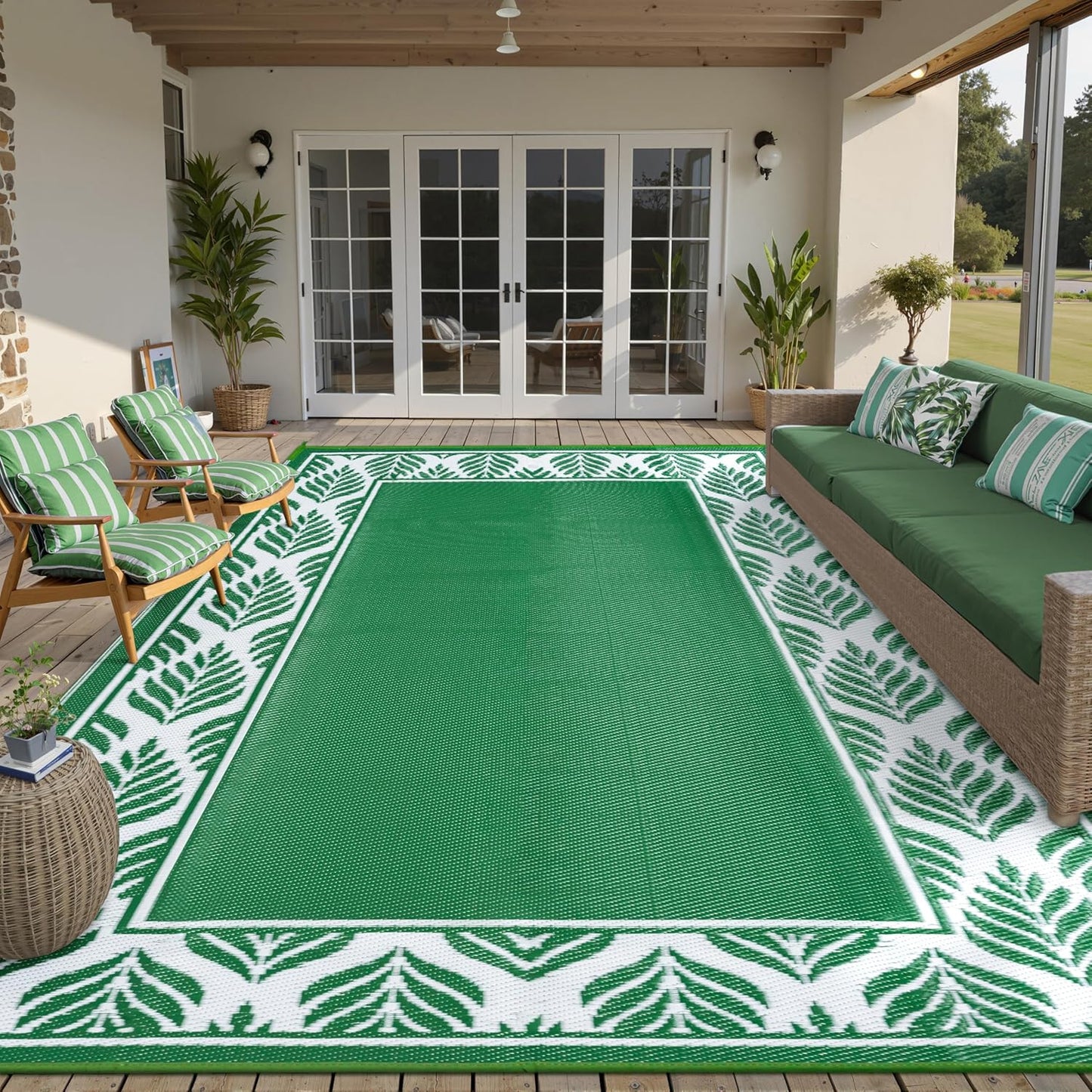 8x10 Patio Waterproof Outdoor Rug Outrside Camping Carpet RV Area Rug Reversible Green Rugs for Deck Entryance Porch Picnic Balcony Beach