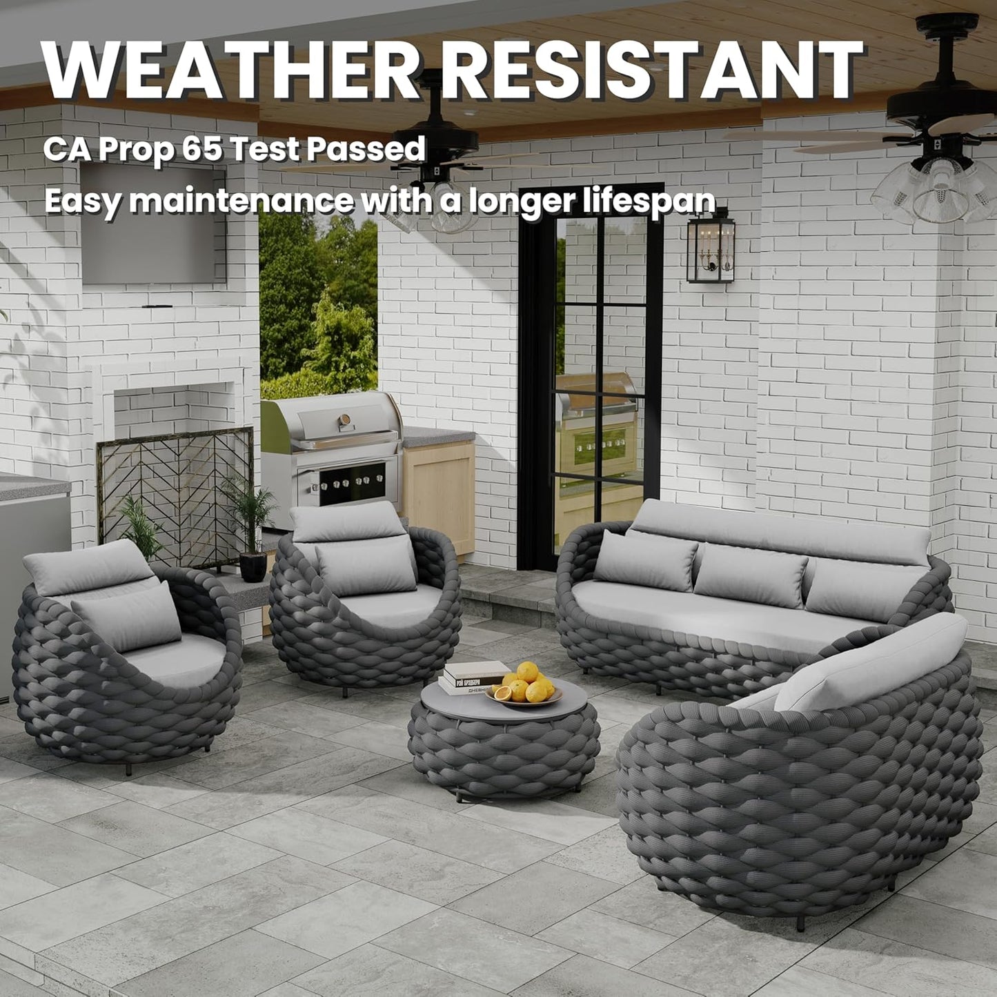 Patio Conversation Deck Furniture Set: 6-Piece Aluminum Woven Rope Outdoor Sofa Set - Modern Cushioned Couch Set - No Assembly Metal Porch Seating for Deck Yard Garden Lanai Pool Hotel Resort