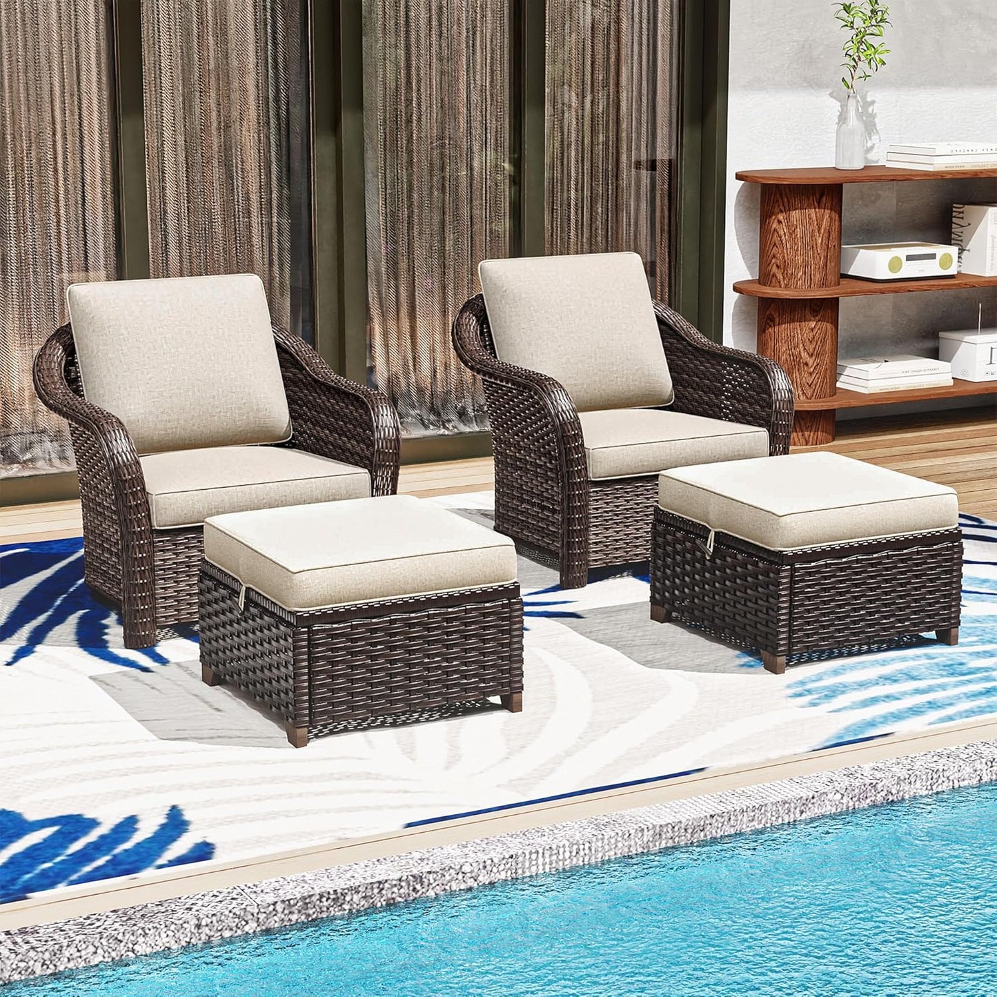 4 Pieces Patio Outdoor Conversation Furniture Set with Cushions, All-Weather Wicker Ottomans, PE Rattan 2 Chairs for Backyard, Deck, Lawn (Beige)