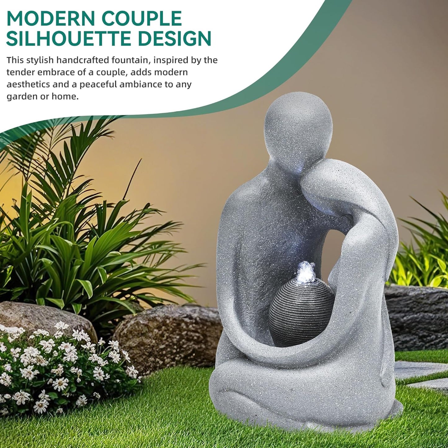 20.9in Hugging Couple Outdoor Water Fountain with LED Lights, Modern Couple Silhouette Garden Water Fountain for Patio, Yard,or Indoor Décor
